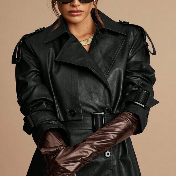 Women's Lapel Neck Double-Breasted faux leather belted Trench Coat Black - Picture 8 of 8
